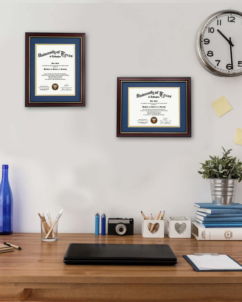 Certificate Documents Frame Real Wood with Gold Trim 8.5"*11" Pack of 2 - 13 Mat Colors Available