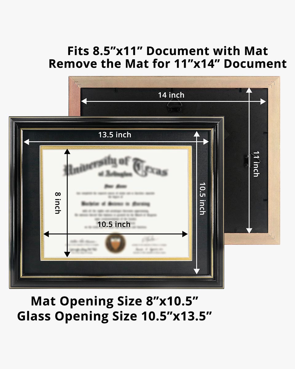 Certificate Documents Frame Real Wood with Gold Trim for 8.5"*11" - 8 Colors Available