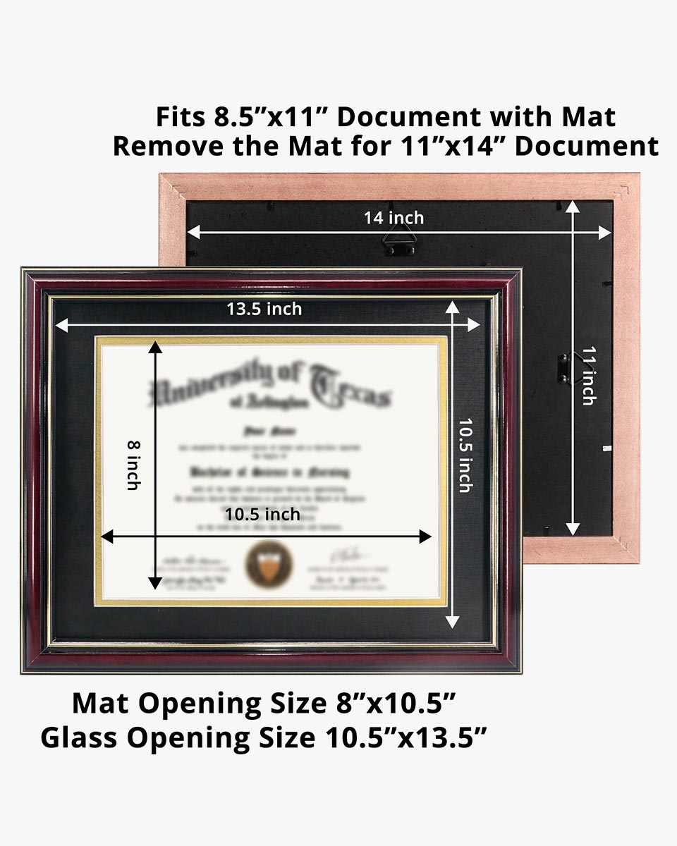 Certificate Documents Frame Real Wood with Gold Trim for 8.5"*11" - 8 Colors Available