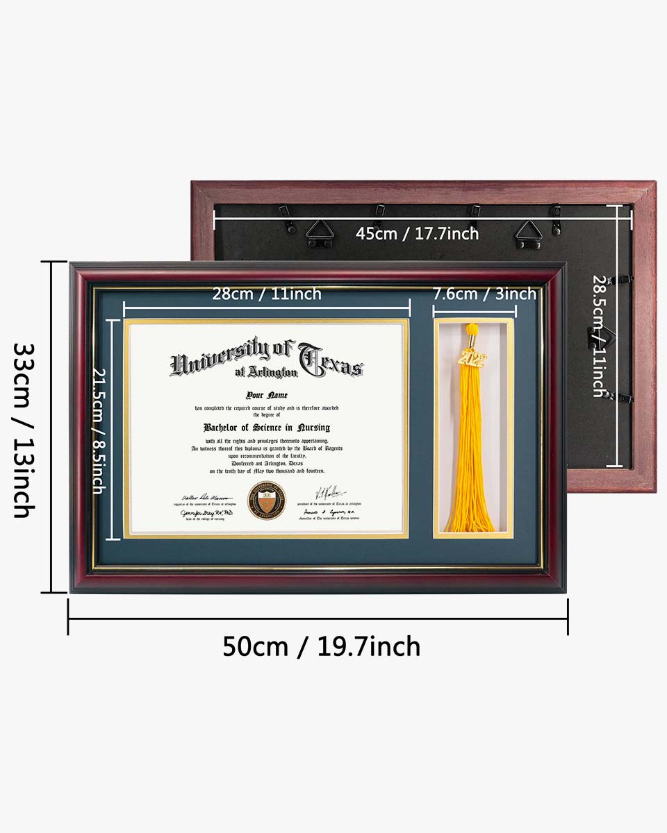 Solid Wood Diploma Frame with Tassel Holder for 8.5x11 Certificate - 4 Colors Available