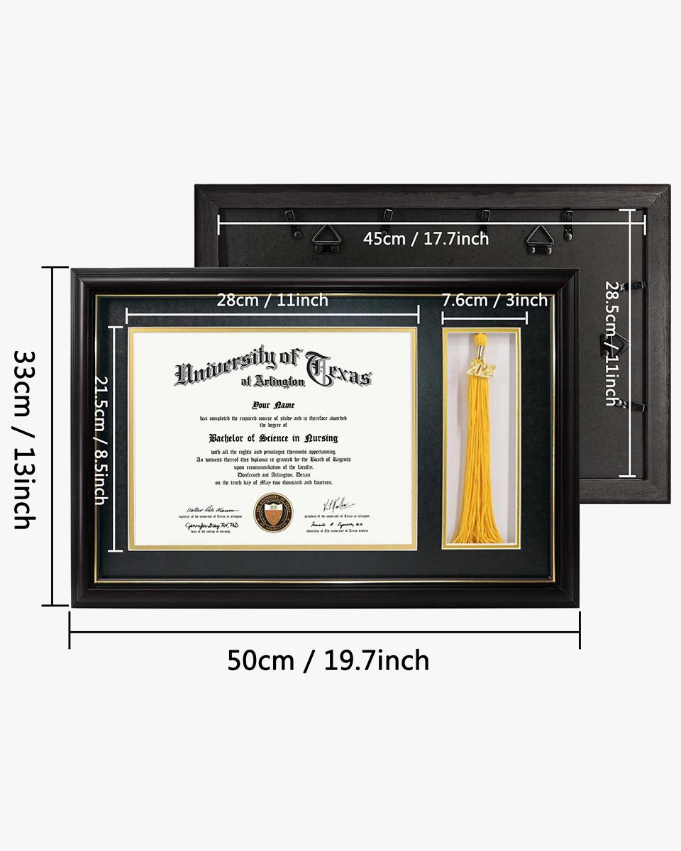Solid Wood Diploma Frame with Tassel Holder for 8.5x11 Certificate - 4 Colors Available