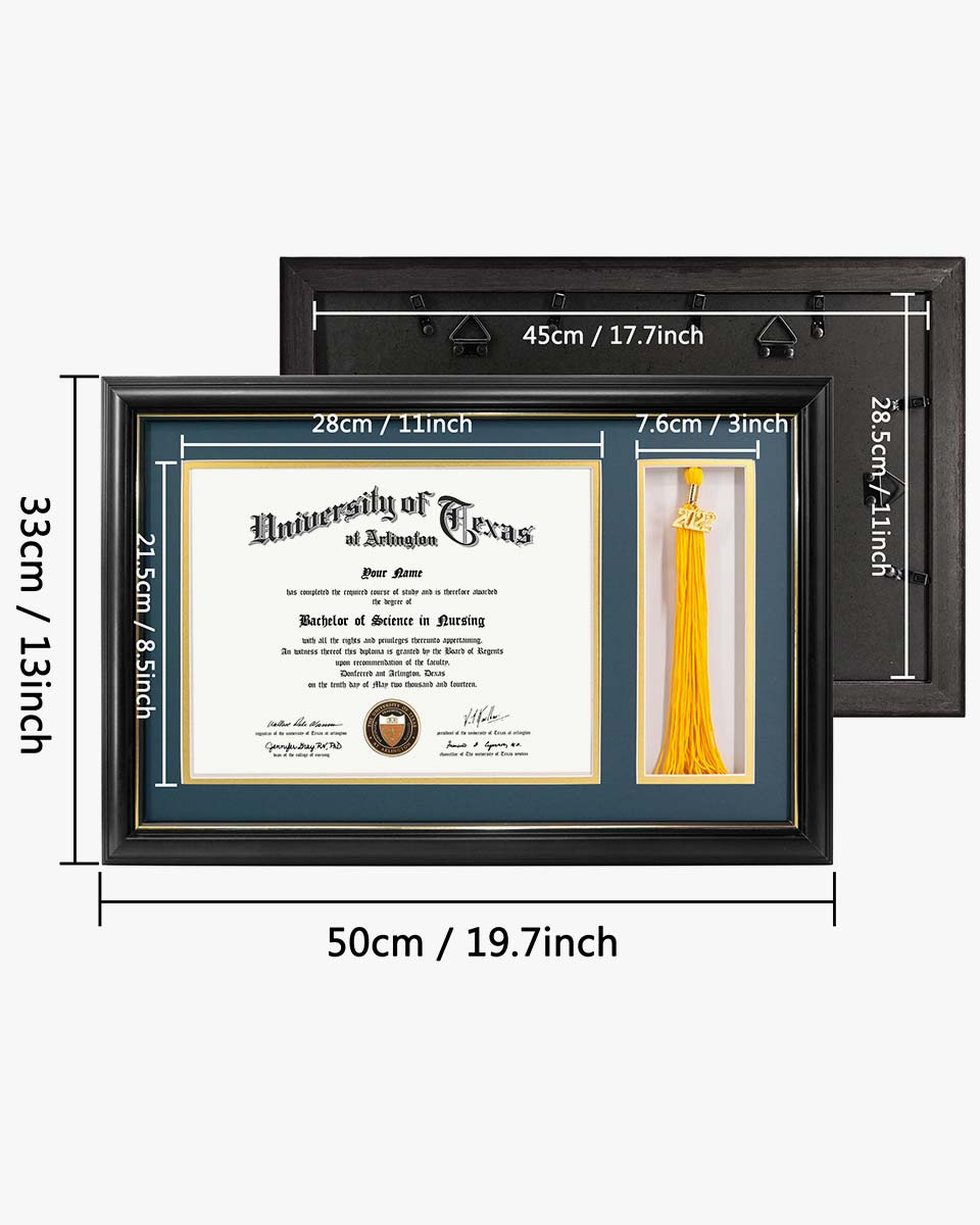 Solid Wood Diploma Frame with Tassel Holder for 8.5x11 Certificate - 4 Colors Available