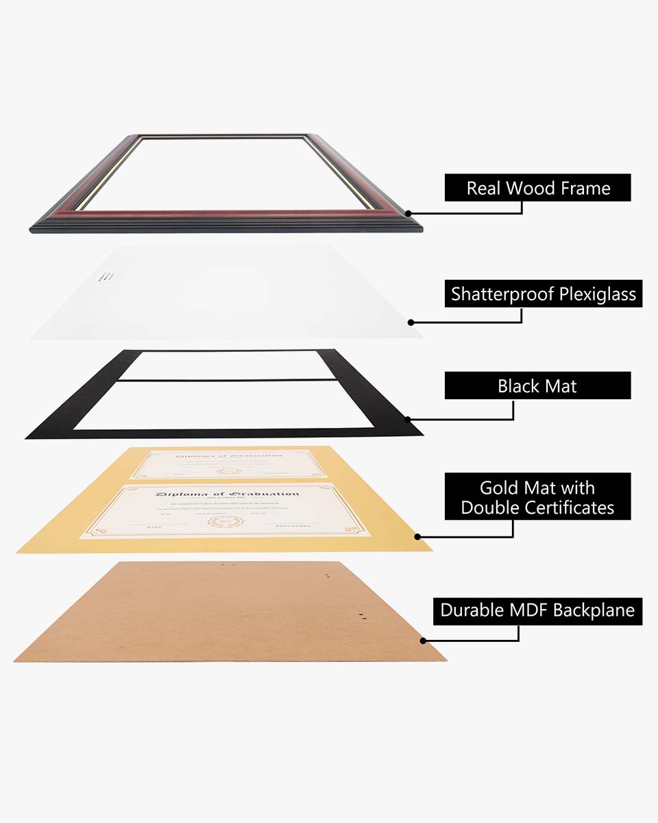 Double Certificate Documents Frame Real Wood with Gold Trim for 8.5"*11 - 4 Colors Available