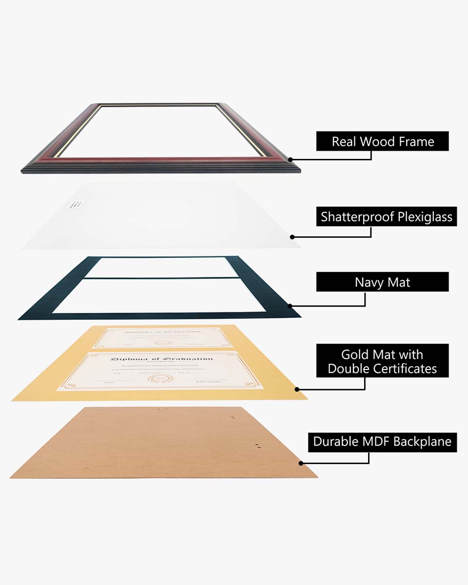 Double Certificate Documents Frame Real Wood with Gold Trim for 8.5"*11 - 4 Colors Available