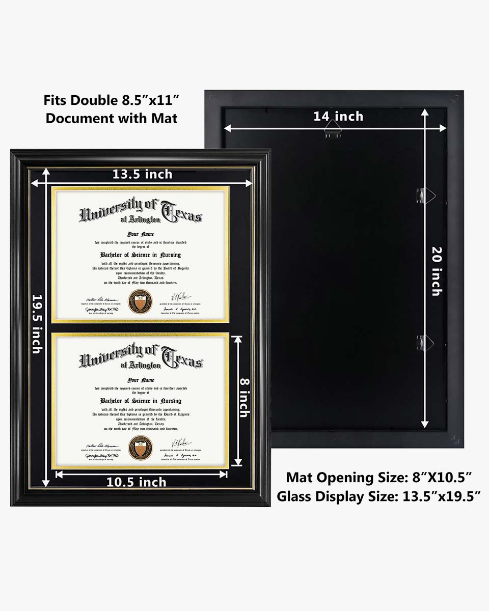 Double Certificate Documents Frame Real Wood with Gold Trim for 8.5"*11 - 4 Colors Available