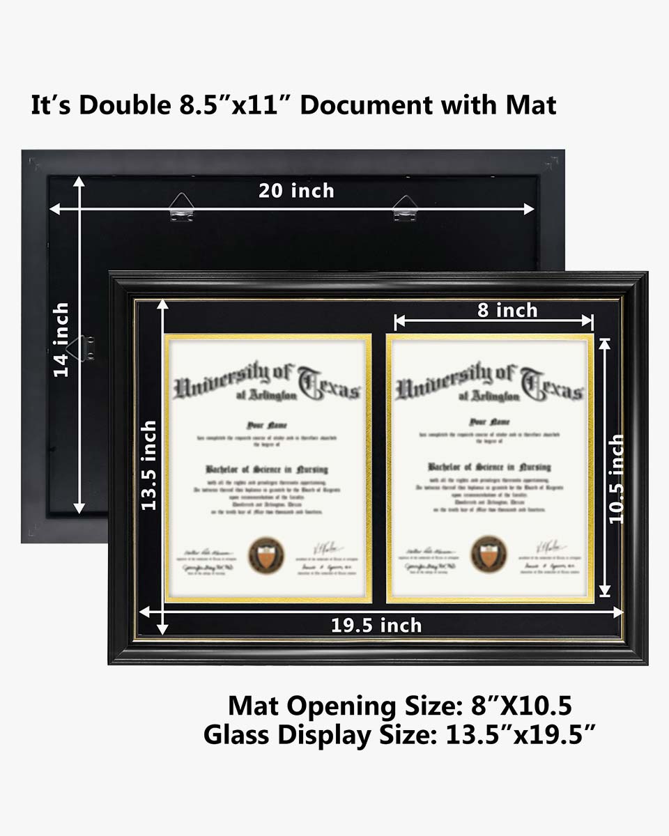 Double Certificate Documents Frame Real Wood with Gold Trim for 8.5"*11 - 4 Colors Available
