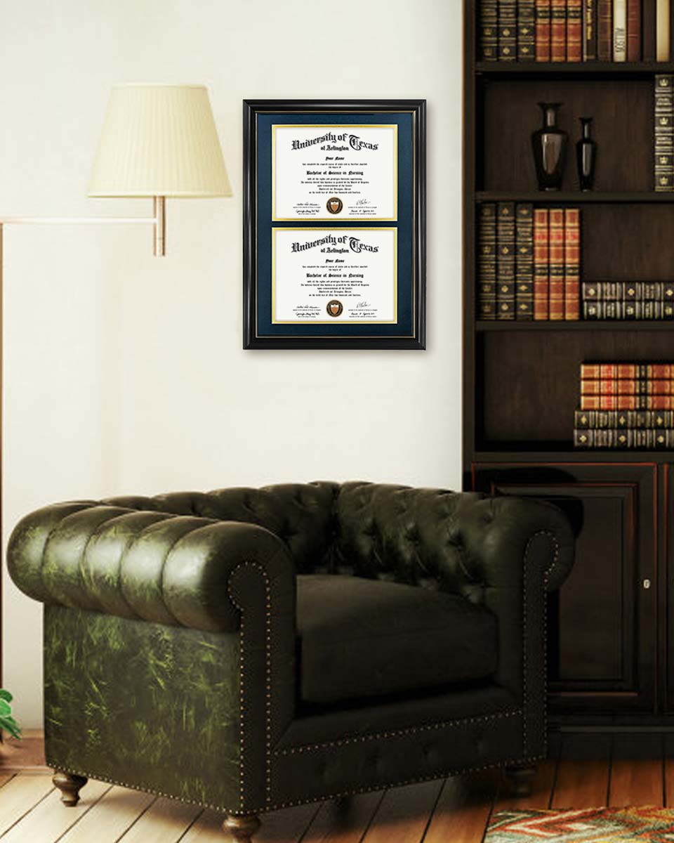 Double Certificate Documents Frame Real Wood with Gold Trim for 8.5"*11 - 4 Colors Available