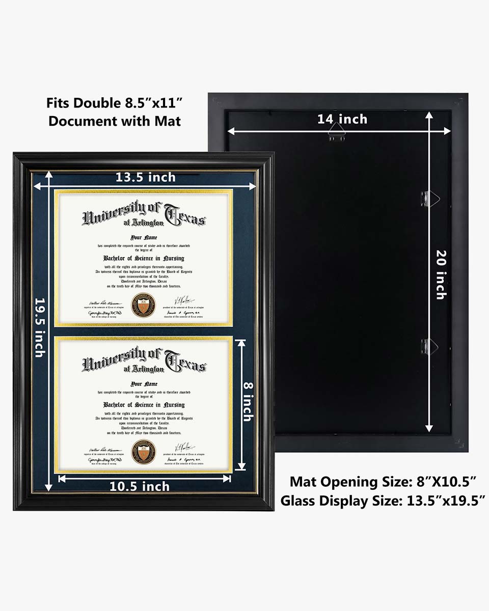 Double Certificate Documents Frame Real Wood with Gold Trim for 8.5"*11 - 4 Colors Available
