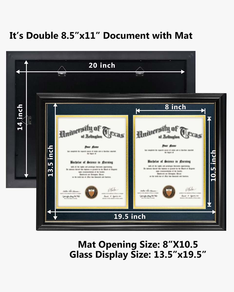 Double Certificate Documents Frame Real Wood with Gold Trim for 8.5"*11 - 4 Colors Available