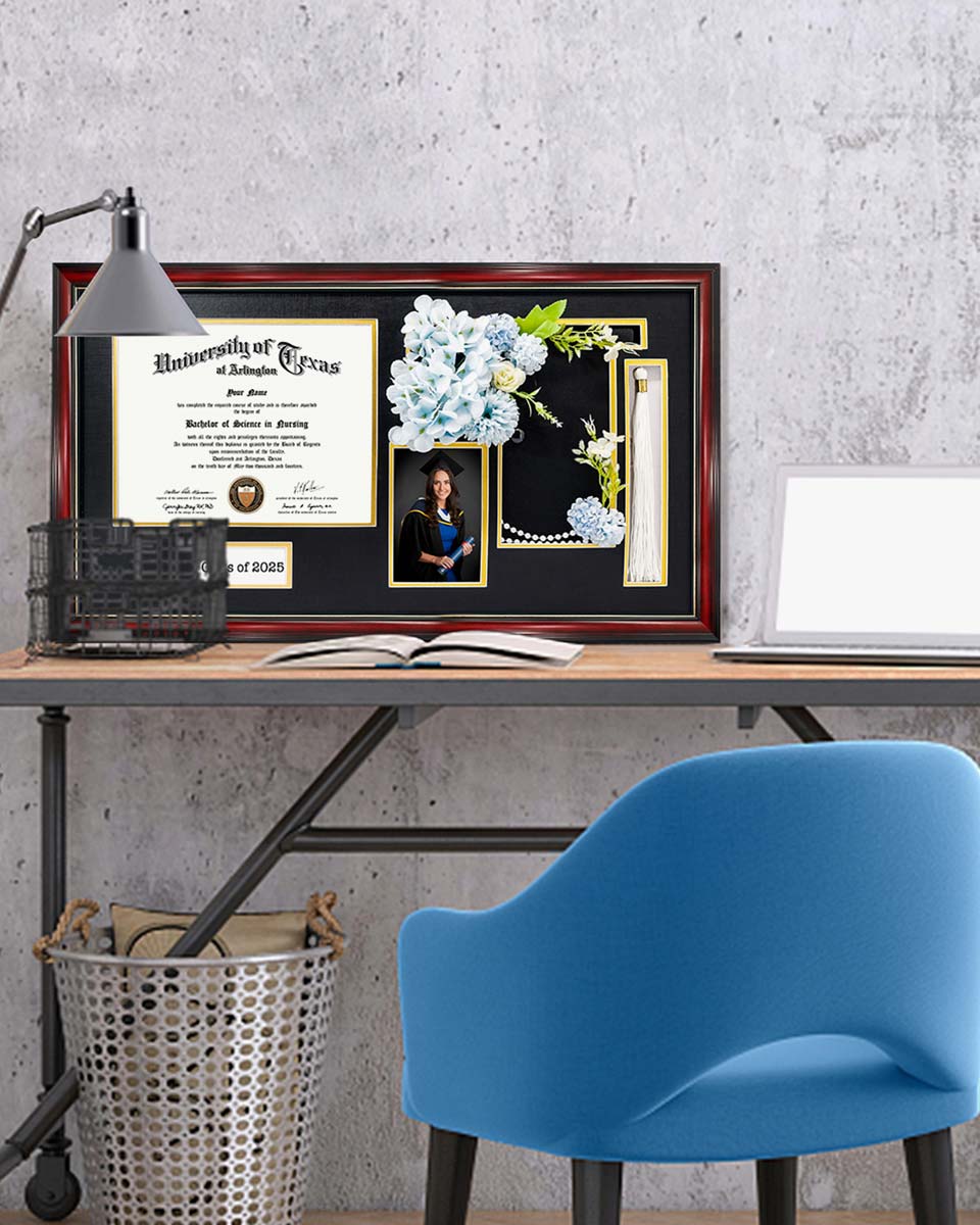 Cherry Wood Graduation Frame for Diploma & Photo with Cap & Tassel Holder - 4 Colors Available