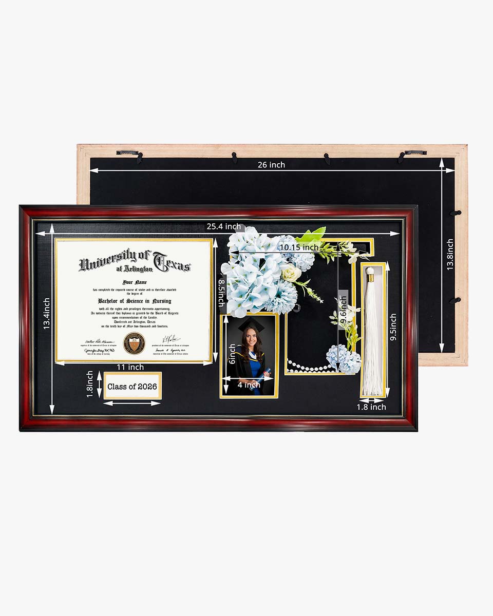 Cherry Wood Graduation Frame for Diploma & Photo with Cap & Tassel Holder - 4 Colors Available
