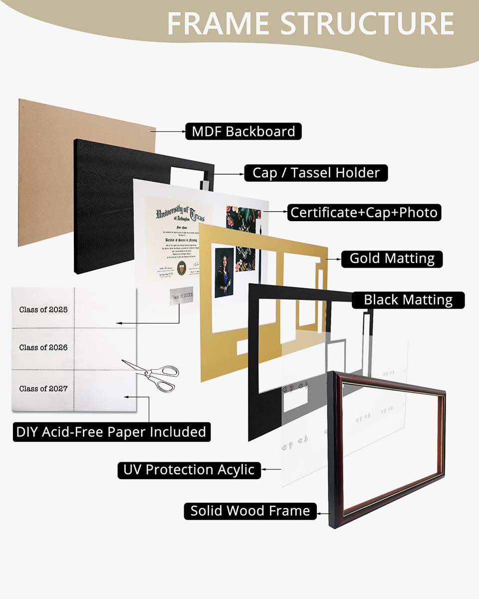 Cherry Wood Graduation Frame for Diploma & Photo with Cap & Tassel Holder - 4 Colors Available