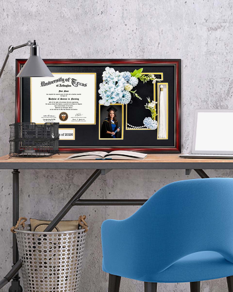 Cherry Wood Graduation Frame for Diploma & Photo with Cap & Tassel Holder - 4 Colors Available