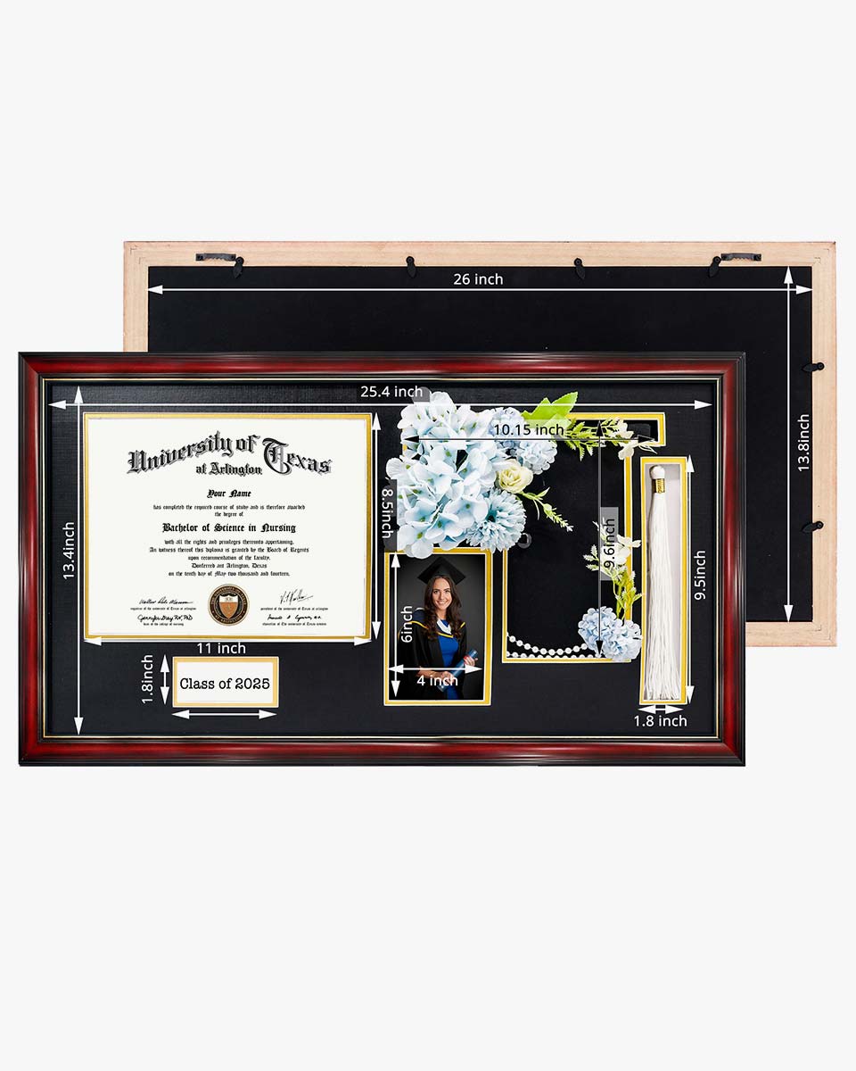 Cherry Wood Graduation Frame for Diploma & Photo with Cap & Tassel Holder - 4 Colors Available