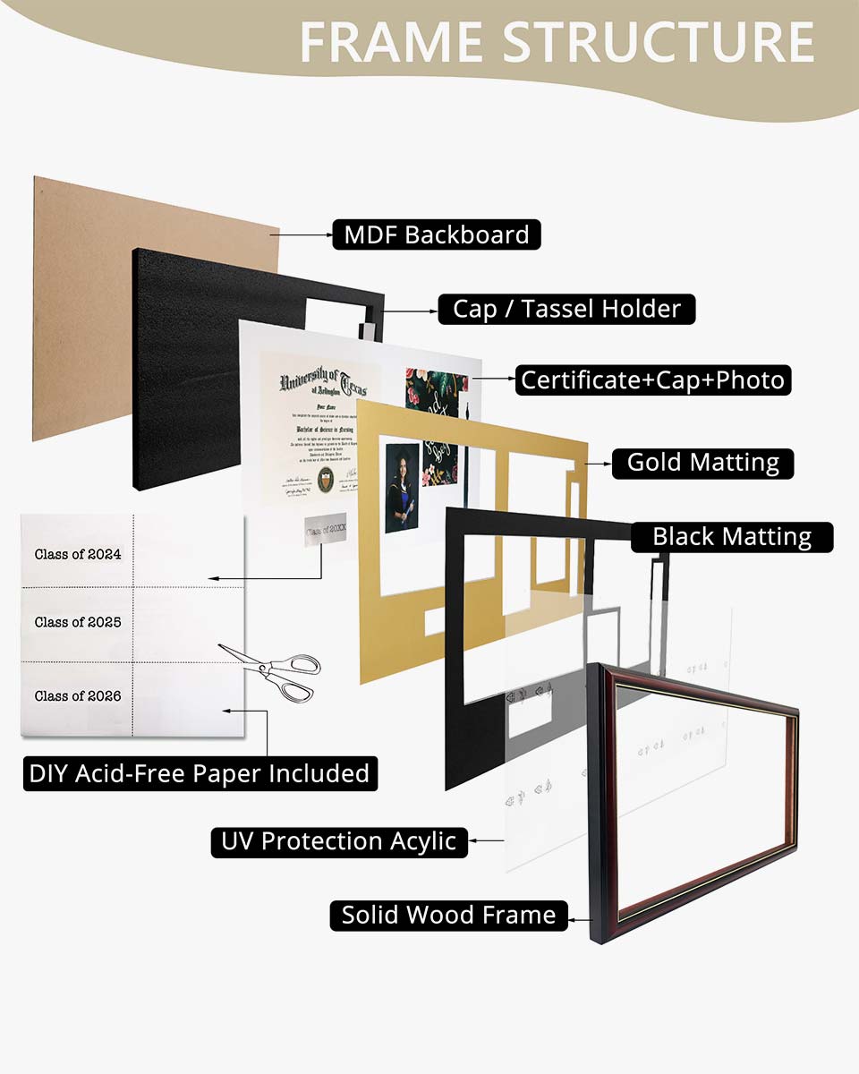 Cherry Wood Graduation Frame for Diploma & Photo with Cap & Tassel Holder - 4 Colors Available
