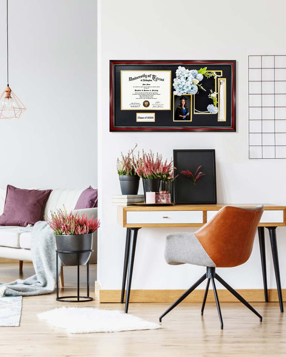 Cherry Wood Graduation Frame for Diploma & Photo with Cap & Tassel Holder - 4 Colors Available