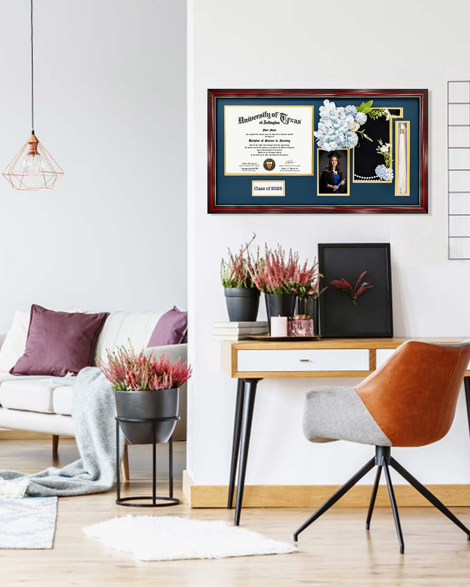 Cherry Wood Graduation Frame for Diploma & Photo with Cap & Tassel Holder - 4 Colors Available