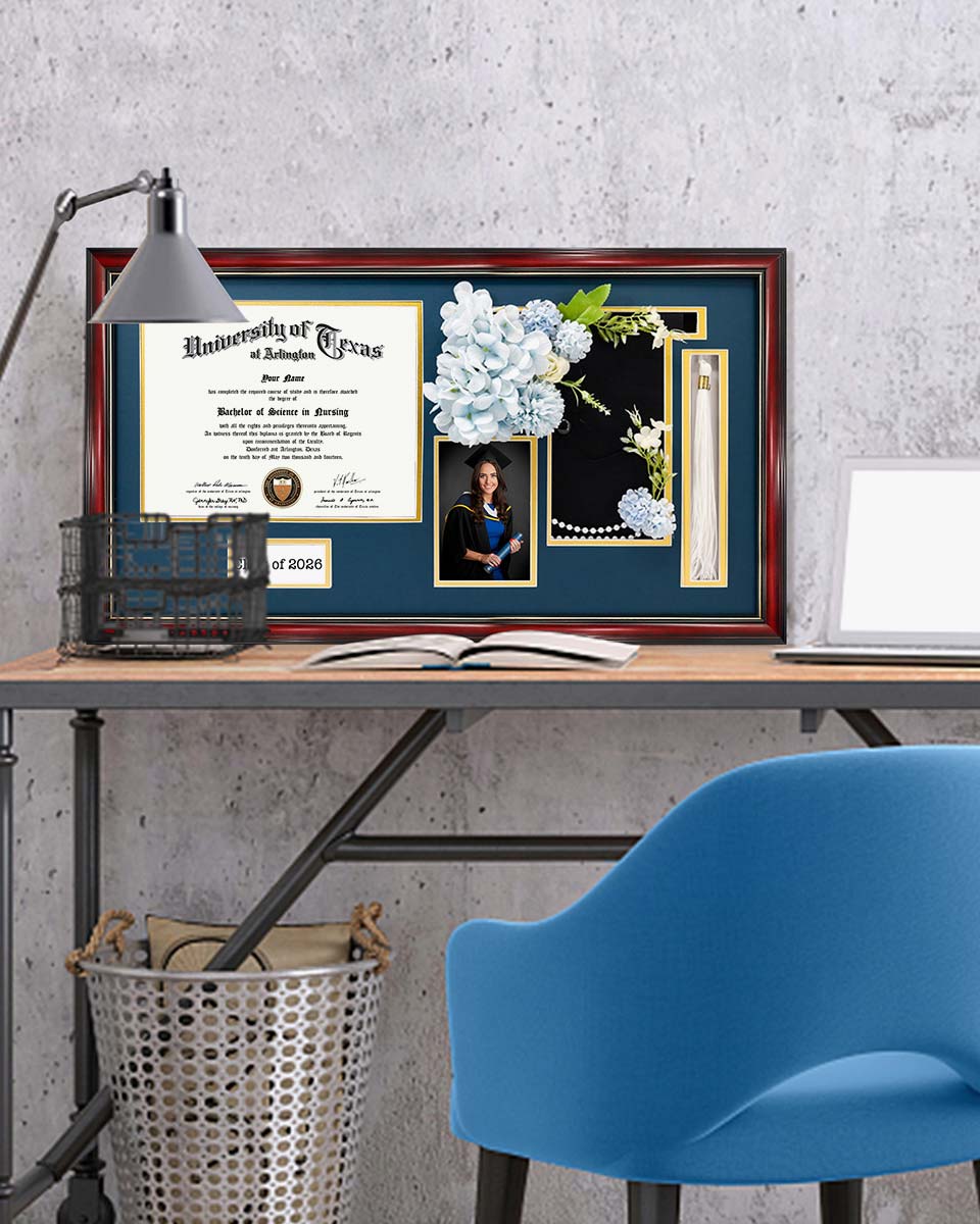 Cherry Wood Graduation Frame for Diploma & Photo with Cap & Tassel Holder - 4 Colors Available