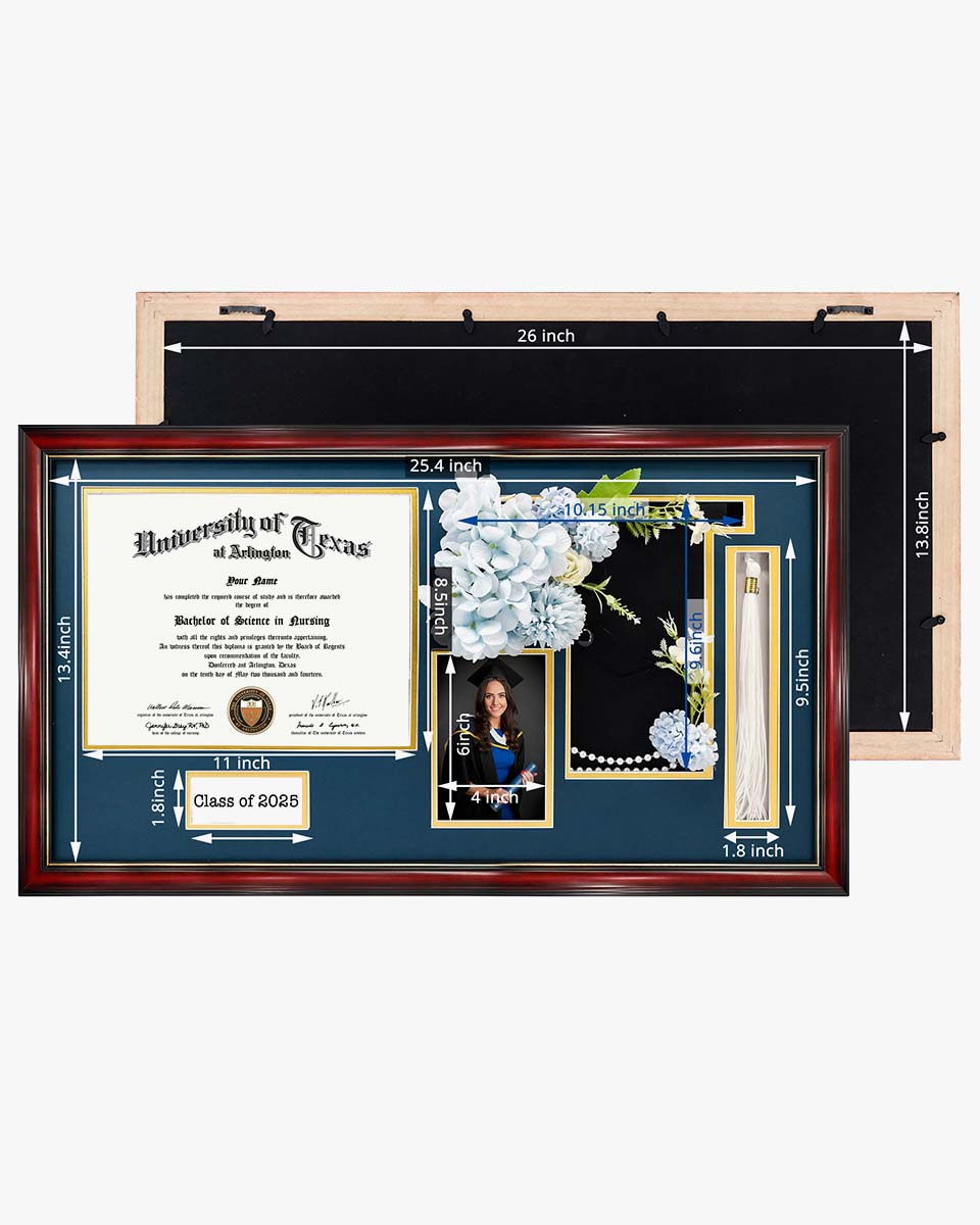 Cherry Wood Graduation Frame for Diploma & Photo with Cap & Tassel Holder - 4 Colors Available