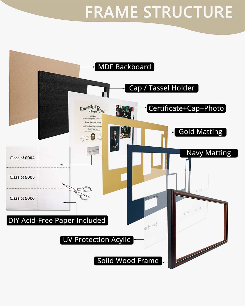 Cherry Wood Graduation Frame for Diploma & Photo with Cap & Tassel Holder - 4 Colors Available