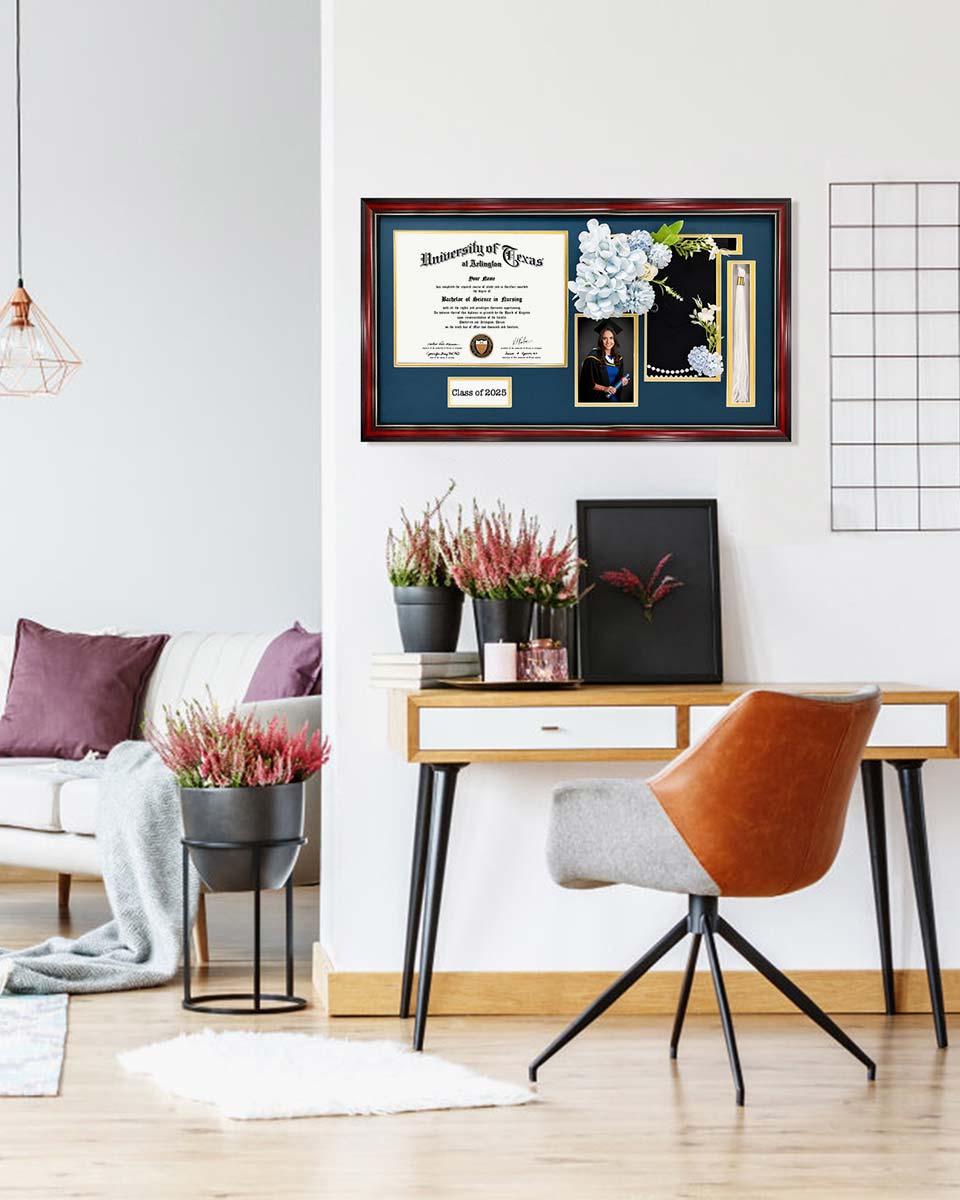 Cherry Wood Graduation Frame for Diploma & Photo with Cap & Tassel Holder - 4 Colors Available