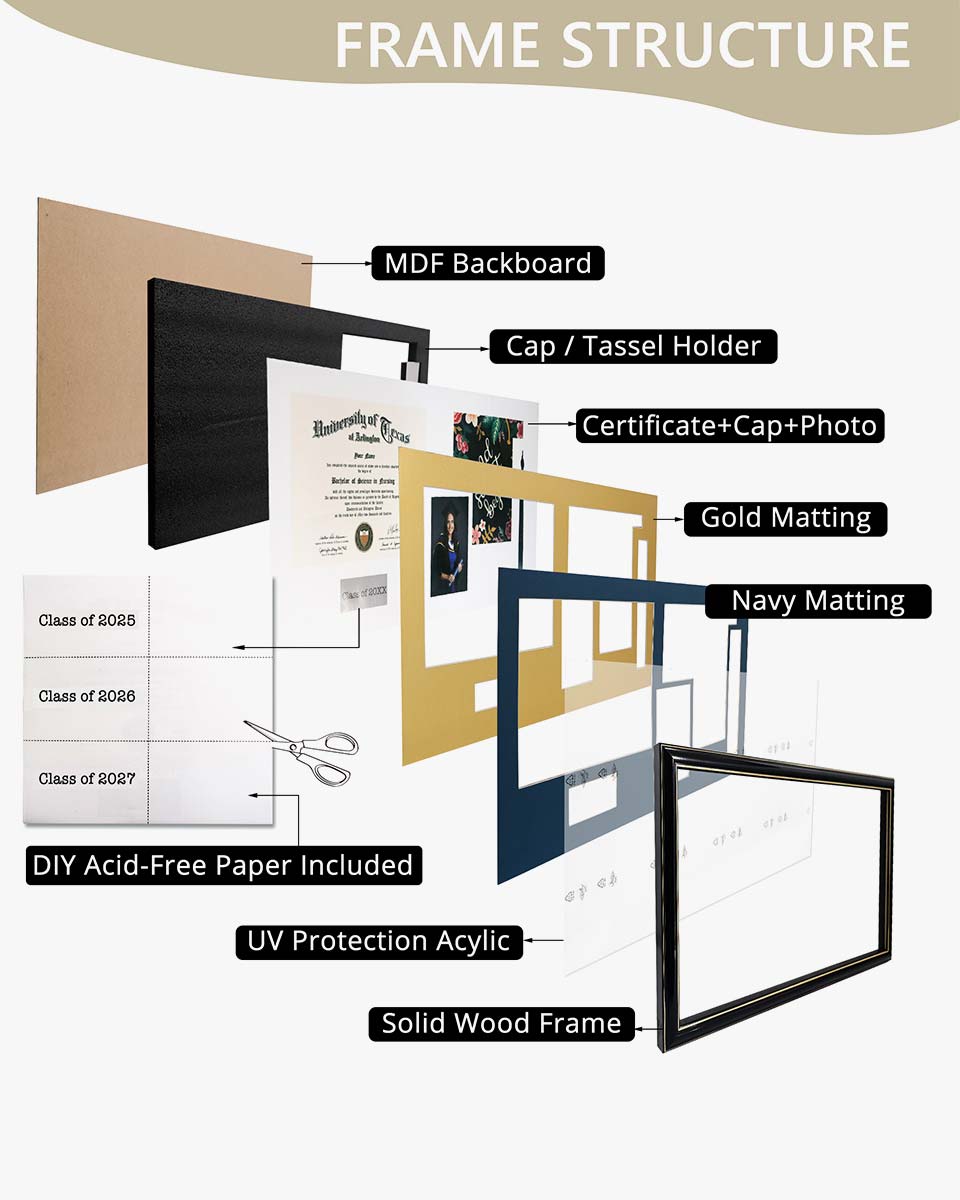 Cherry Wood Graduation Frame for Diploma & Photo with Cap & Tassel Holder - 4 Colors Available