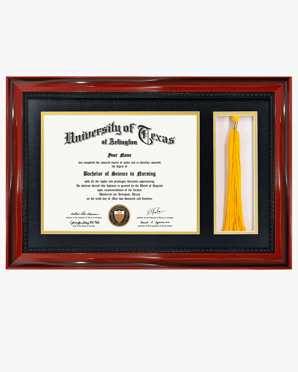 Certificate Solid Wood Frame with Intricate Black Rope Detail for 8.5"x11" & Tassel Holder - 4 Colors Available