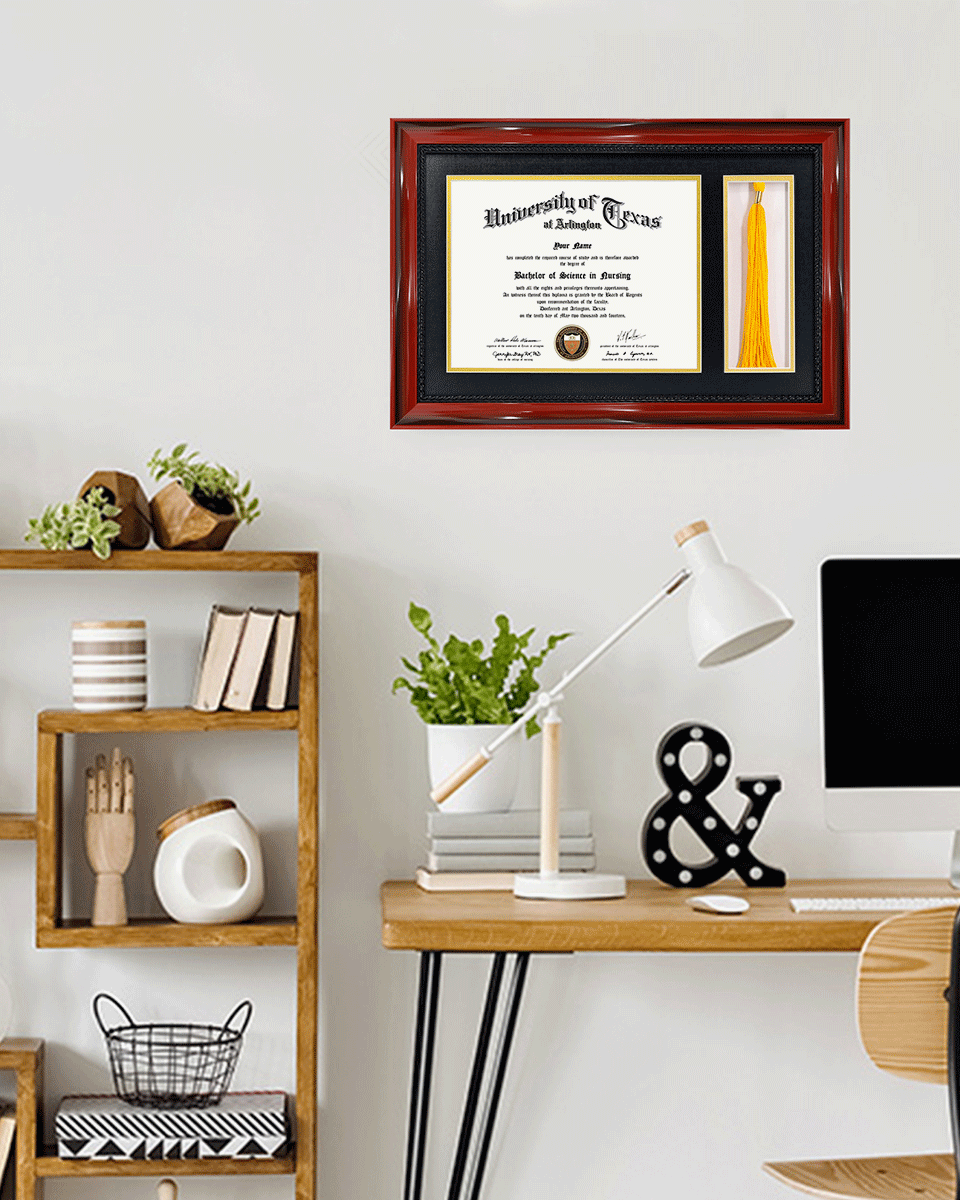 Certificate Solid Wood Frame with Intricate Black Rope Detail for 8.5"x11" & Tassel Holder - 4 Colors Available
