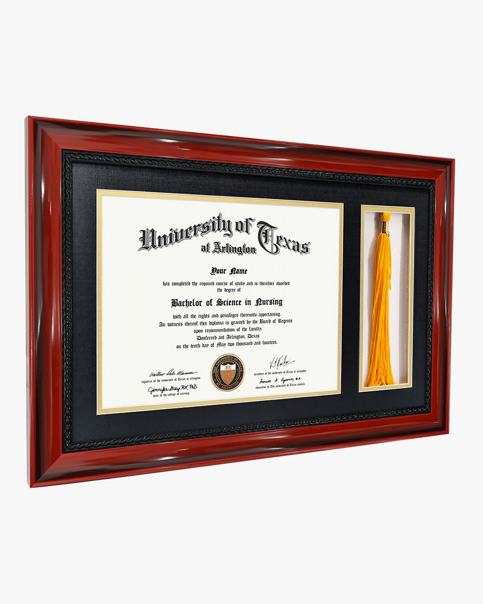 Certificate Solid Wood Frame with Intricate Black Rope Detail for 8.5"x11" & Tassel Holder - 4 Colors Available