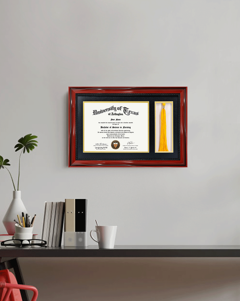 Certificate Solid Wood Frame with Intricate Black Rope Detail for 8.5"x11" & Tassel Holder - 4 Colors Available