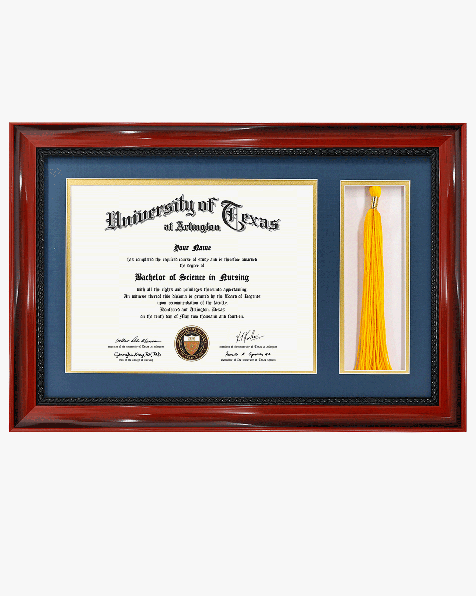 Certificate Solid Wood Frame with Intricate Black Rope Detail for 8.5"x11" & Tassel Holder - 4 Colors Available