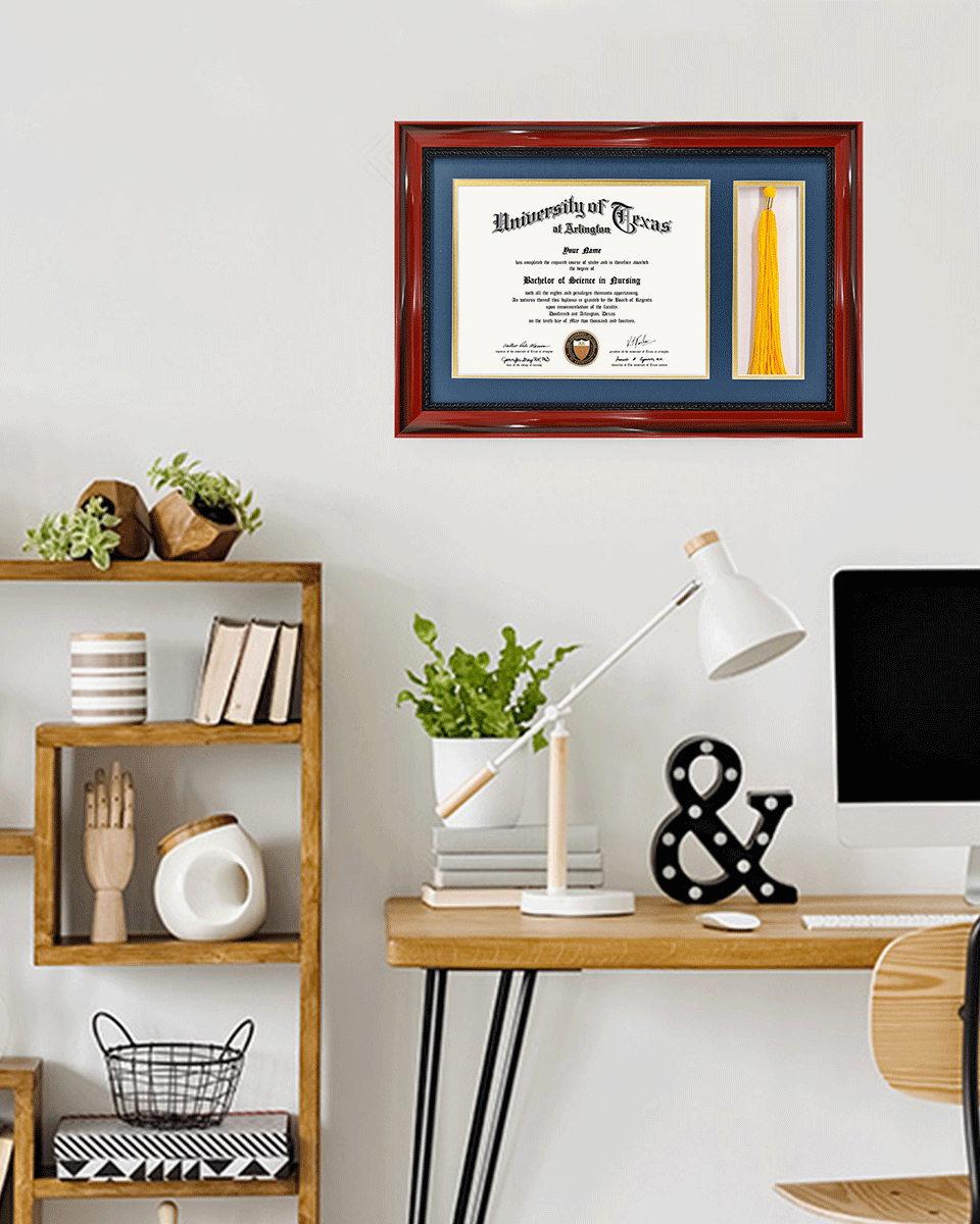 Certificate Solid Wood Frame with Intricate Black Rope Detail for 8.5"x11" & Tassel Holder - 4 Colors Available