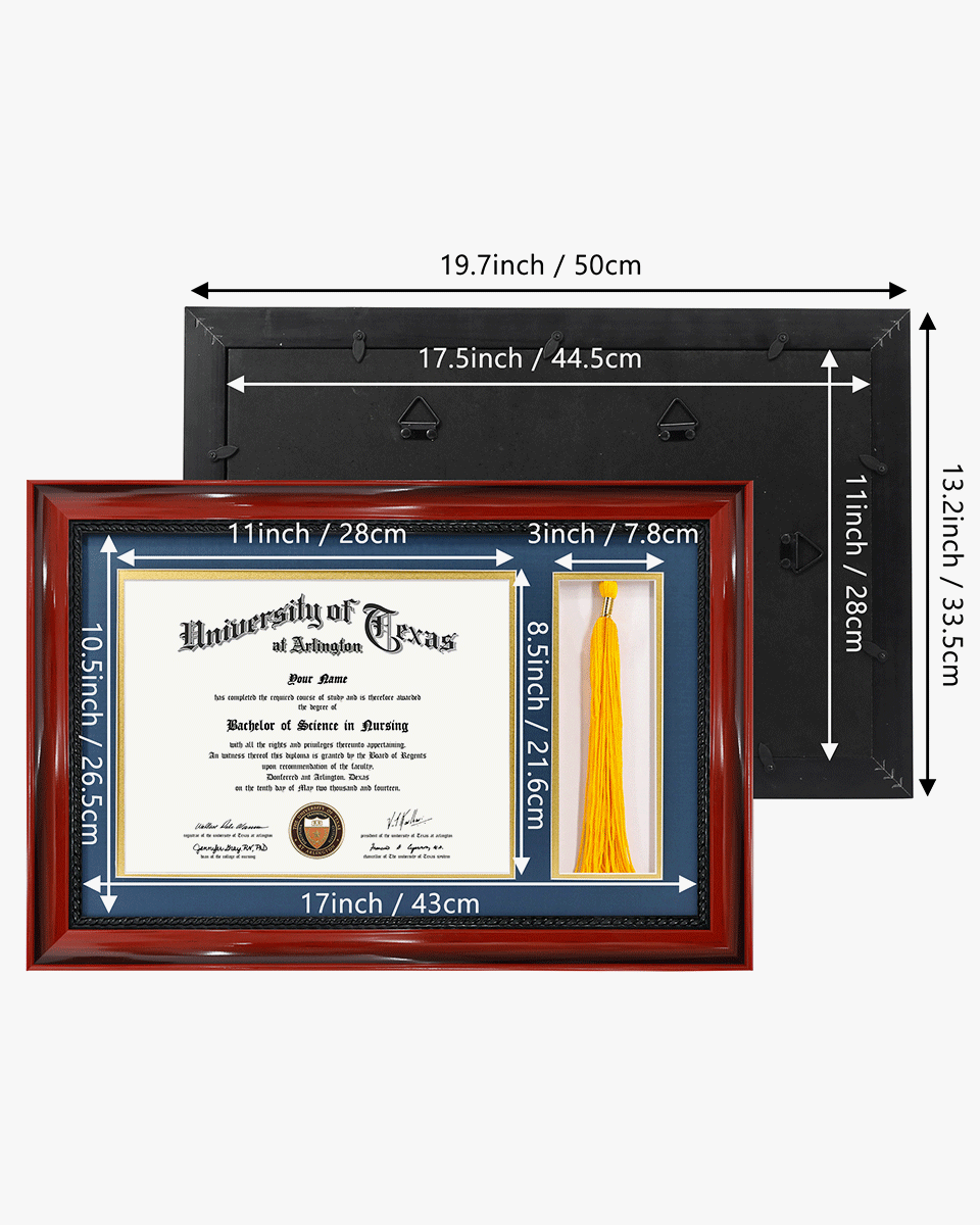 Certificate Solid Wood Frame with Intricate Black Rope Detail for 8.5"x11" & Tassel Holder - 4 Colors Available