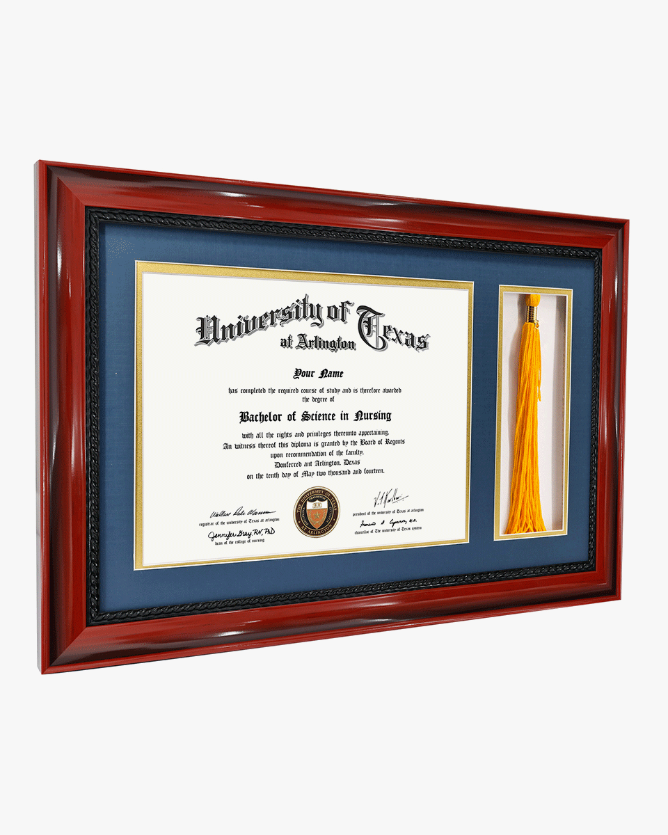 Certificate Solid Wood Frame with Intricate Black Rope Detail for 8.5"x11" & Tassel Holder - 4 Colors Available