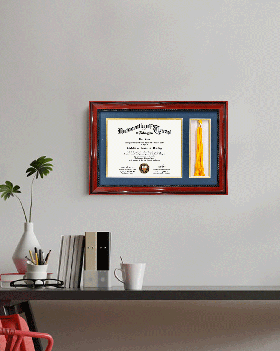 Certificate Solid Wood Frame with Intricate Black Rope Detail for 8.5"x11" & Tassel Holder - 4 Colors Available