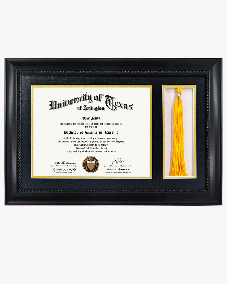Certificate Solid Wood Frame with Intricate Black Rope Detail for 8.5"x11" & Tassel Holder - 4 Colors Available