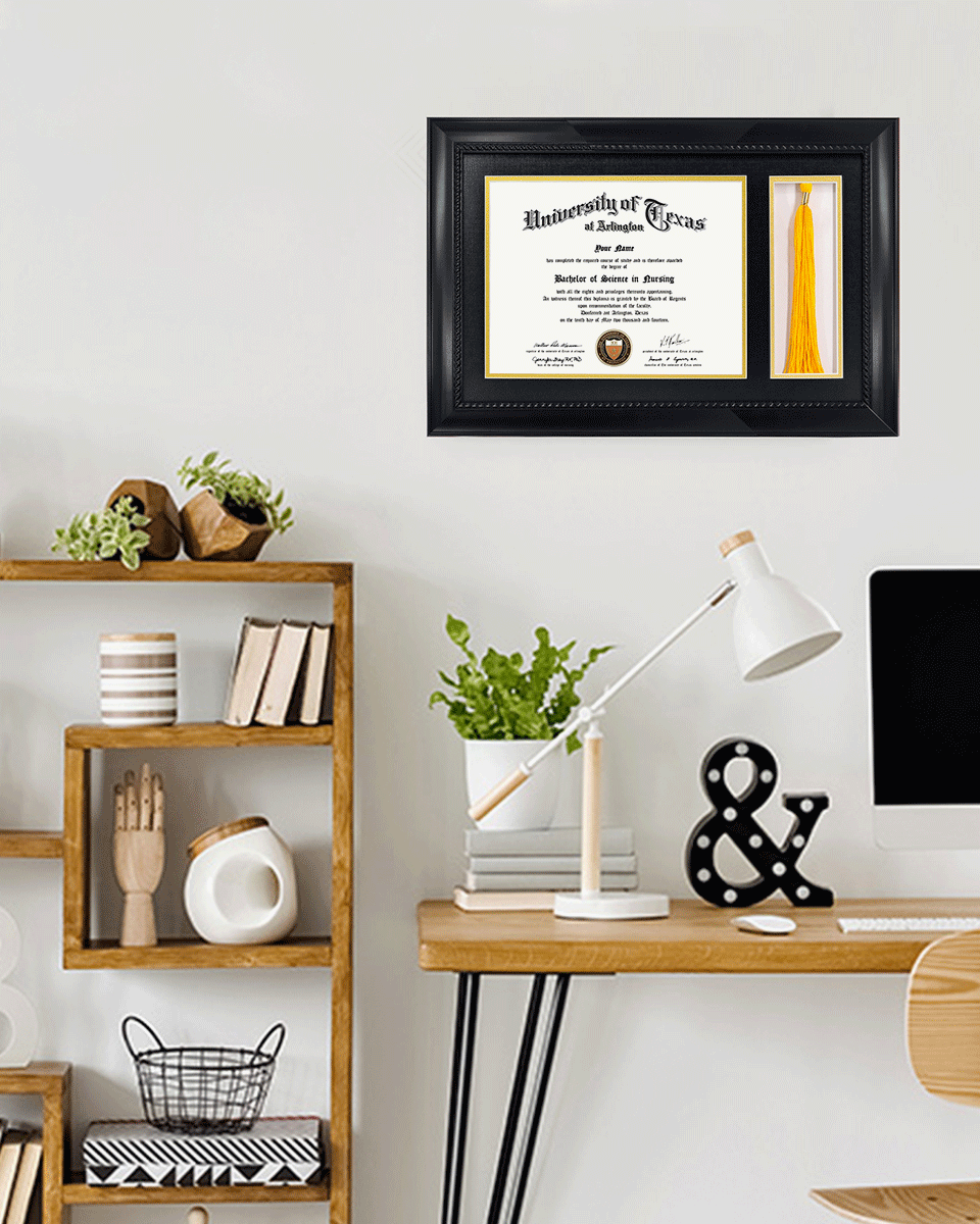 Certificate Solid Wood Frame with Intricate Black Rope Detail for 8.5"x11" & Tassel Holder - 4 Colors Available
