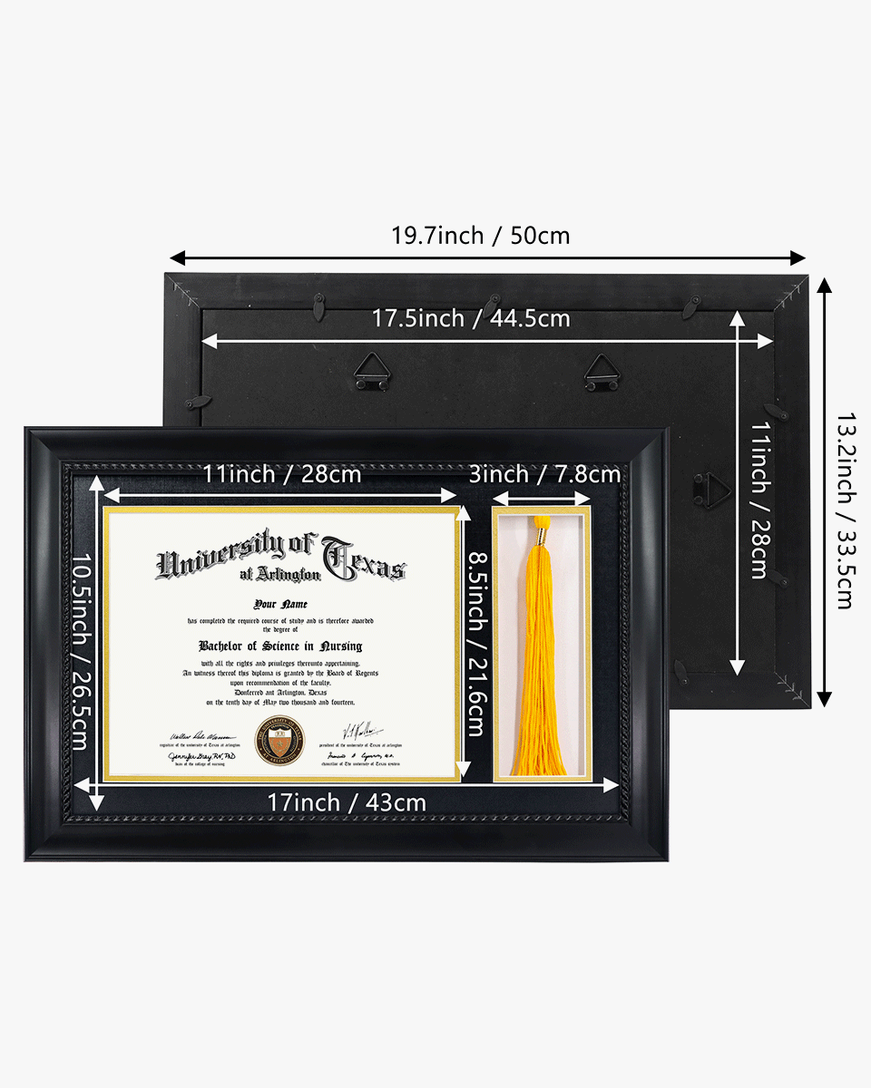 Certificate Solid Wood Frame with Intricate Black Rope Detail for 8.5"x11" & Tassel Holder - 4 Colors Available