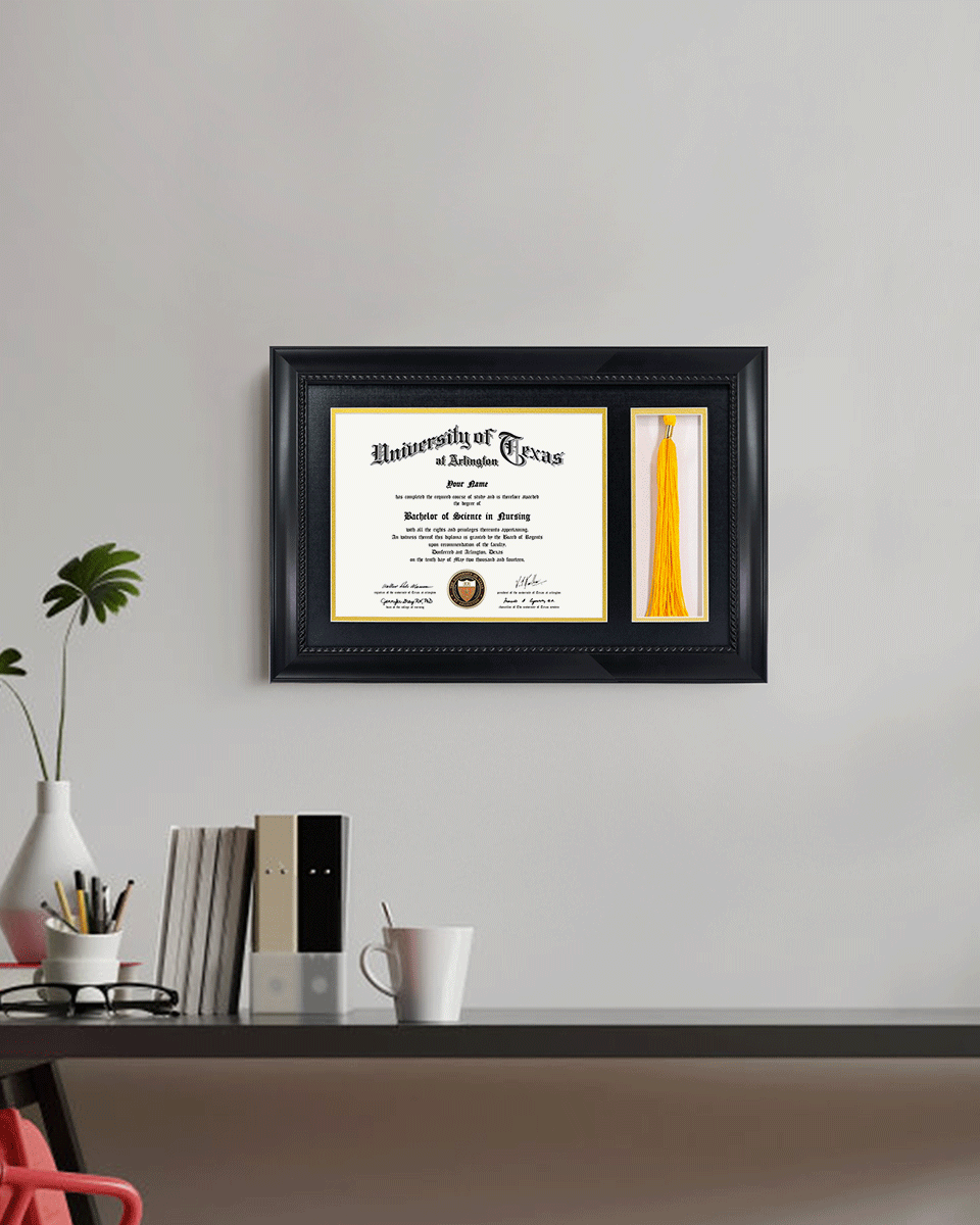 Certificate Solid Wood Frame with Intricate Black Rope Detail for 8.5"x11" & Tassel Holder - 4 Colors Available