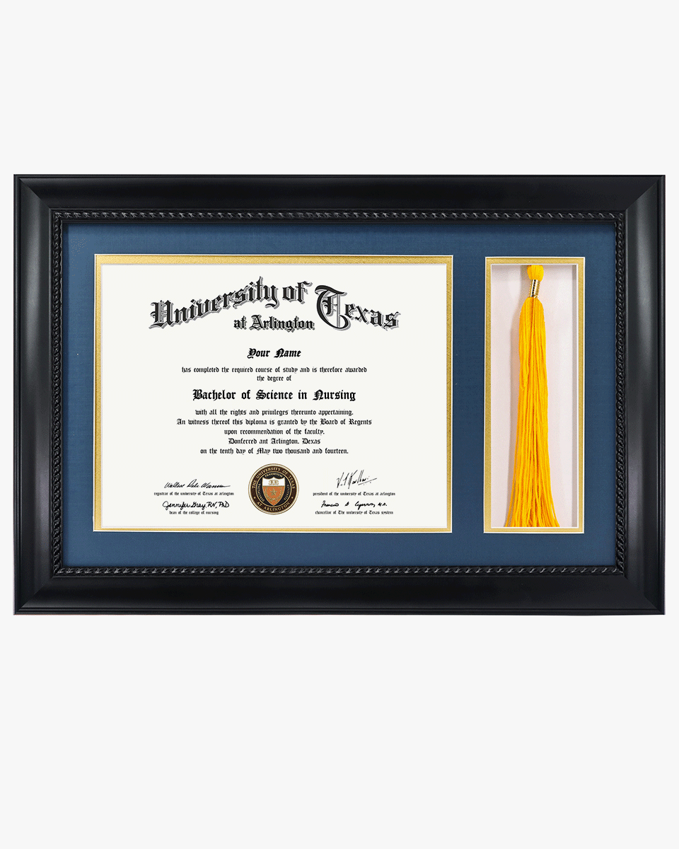 Certificate Solid Wood Frame with Intricate Black Rope Detail for 8.5"x11" & Tassel Holder - 4 Colors Available