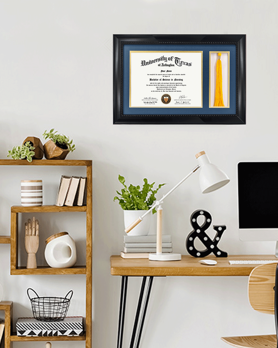 Certificate Solid Wood Frame with Intricate Black Rope Detail for 8.5"x11" & Tassel Holder - 4 Colors Available