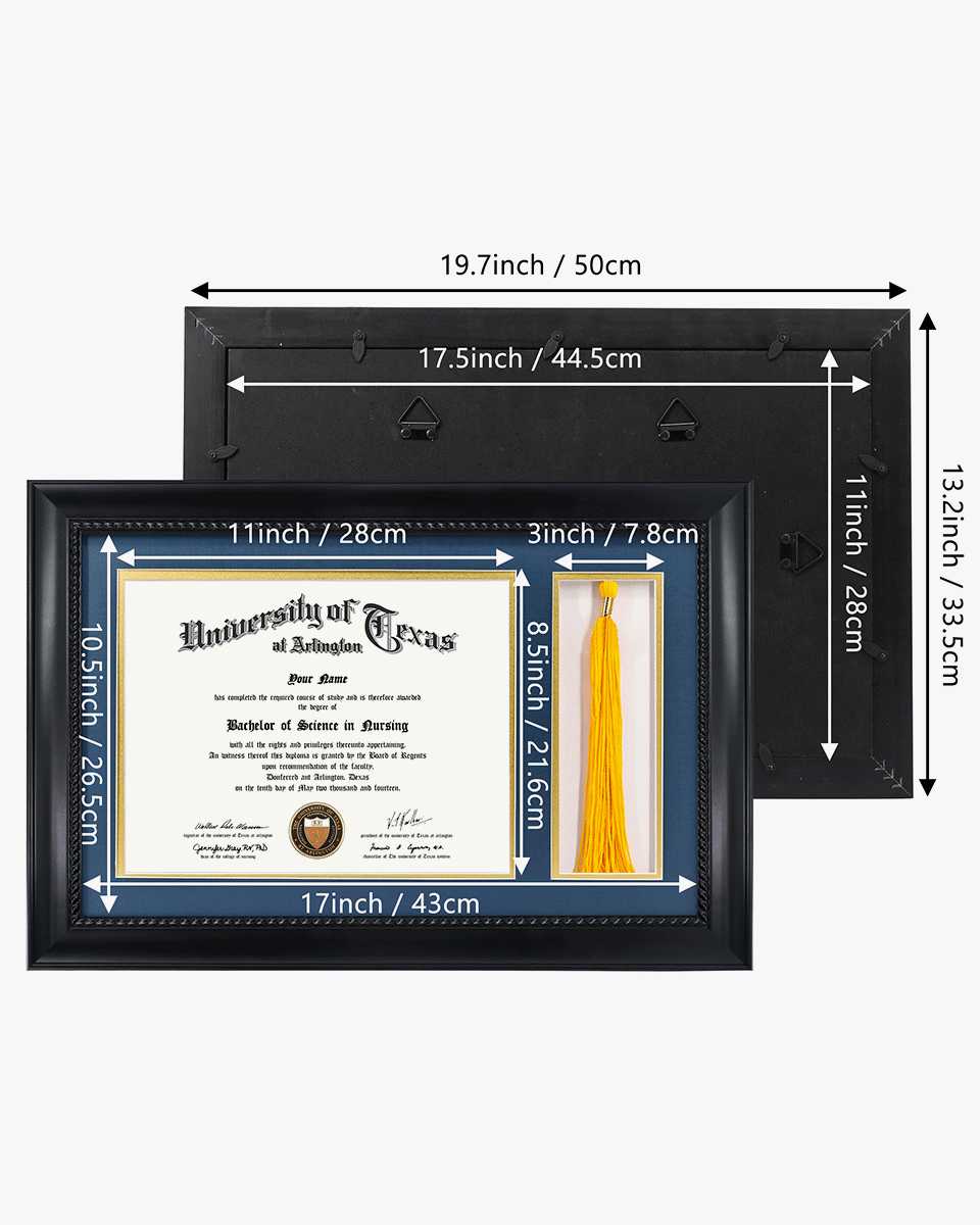 Certificate Solid Wood Frame with Intricate Black Rope Detail for 8.5"x11" & Tassel Holder - 4 Colors Available