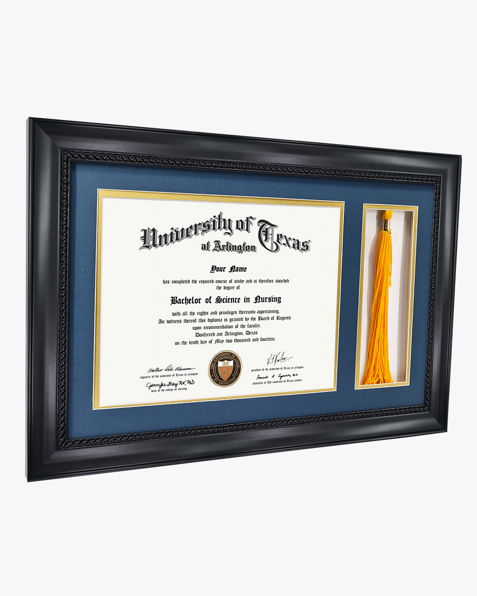 Certificate Solid Wood Frame with Intricate Black Rope Detail for 8.5"x11" & Tassel Holder - 4 Colors Available