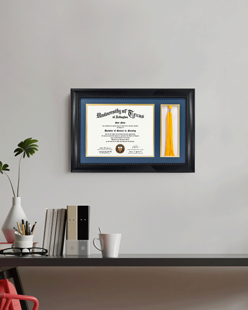 Certificate Solid Wood Frame with Intricate Black Rope Detail for 8.5"x11" & Tassel Holder - 4 Colors Available