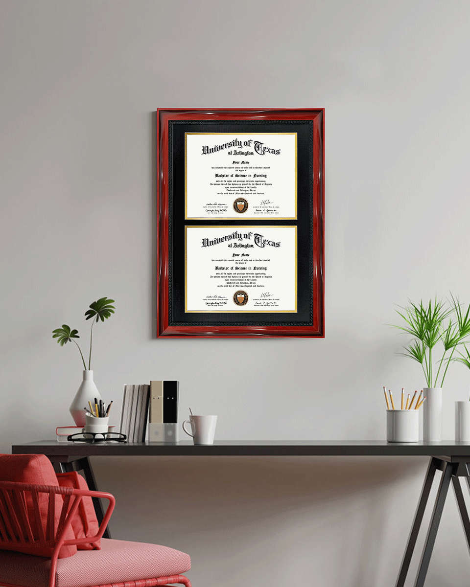 Double Certificate Solid Wood Frame with Intricate Black Rope Detail for 8.5"x11" - 5 Colors Available