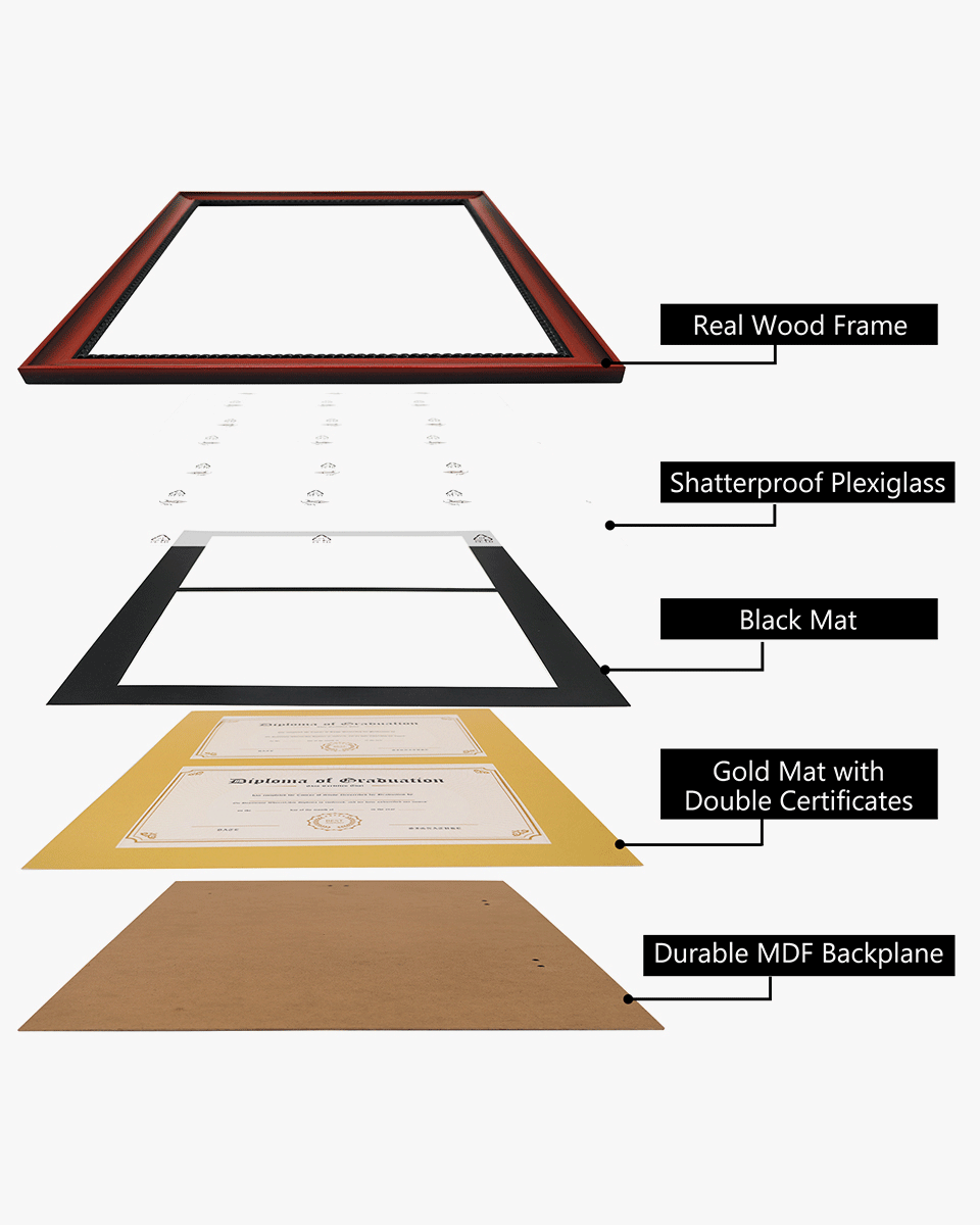 Double Certificate Solid Wood Frame with Intricate Black Rope Detail for 8.5"x11" - 5 Colors Available