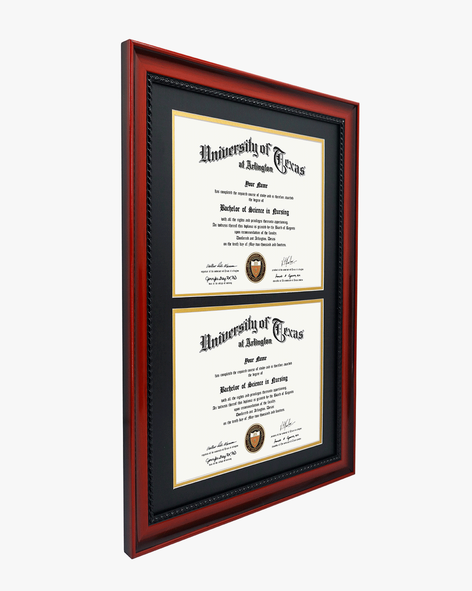 Double Certificate Solid Wood Frame with Intricate Black Rope Detail for 8.5"x11" - 5 Colors Available
