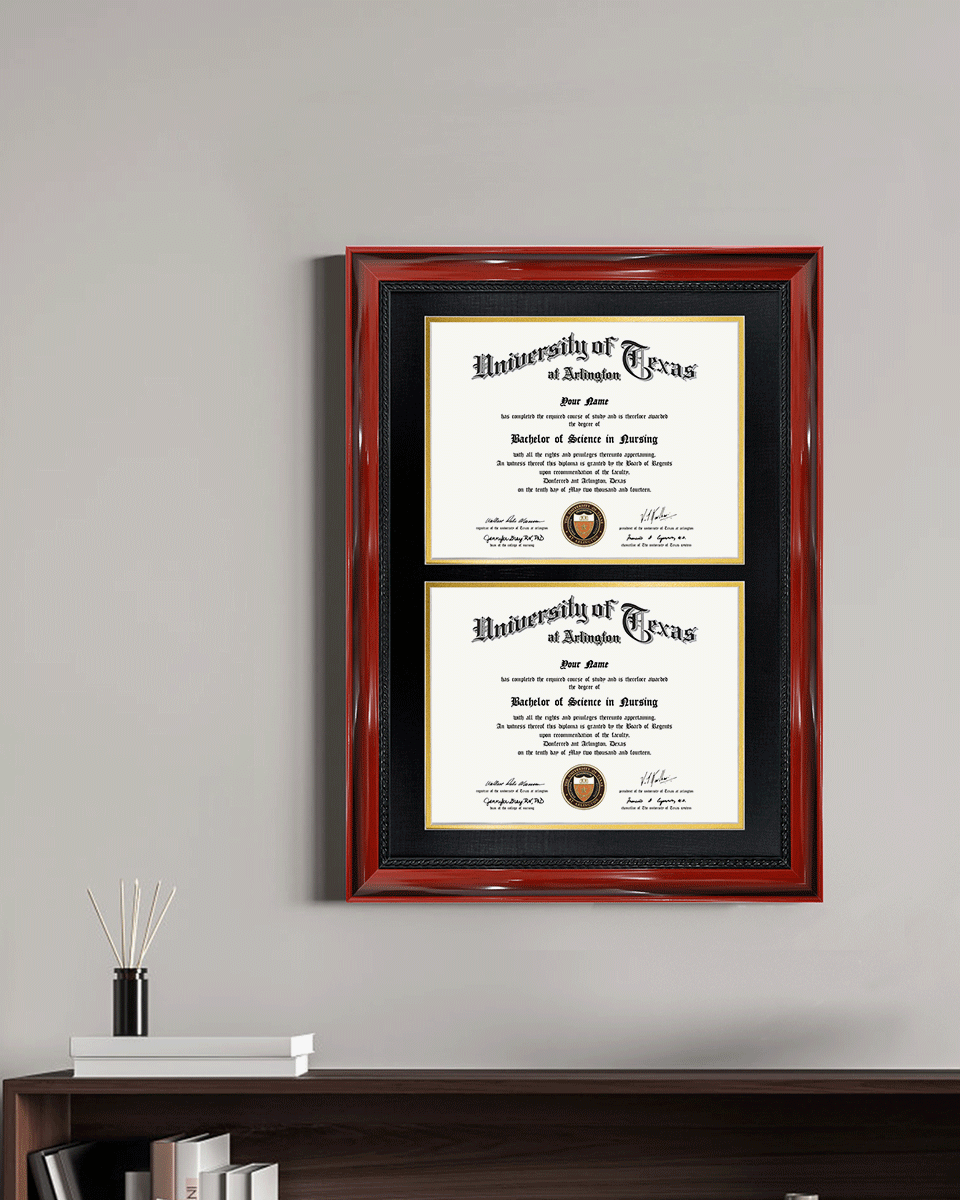 Double Certificate Solid Wood Frame with Intricate Black Rope Detail for 8.5"x11" - 5 Colors Available