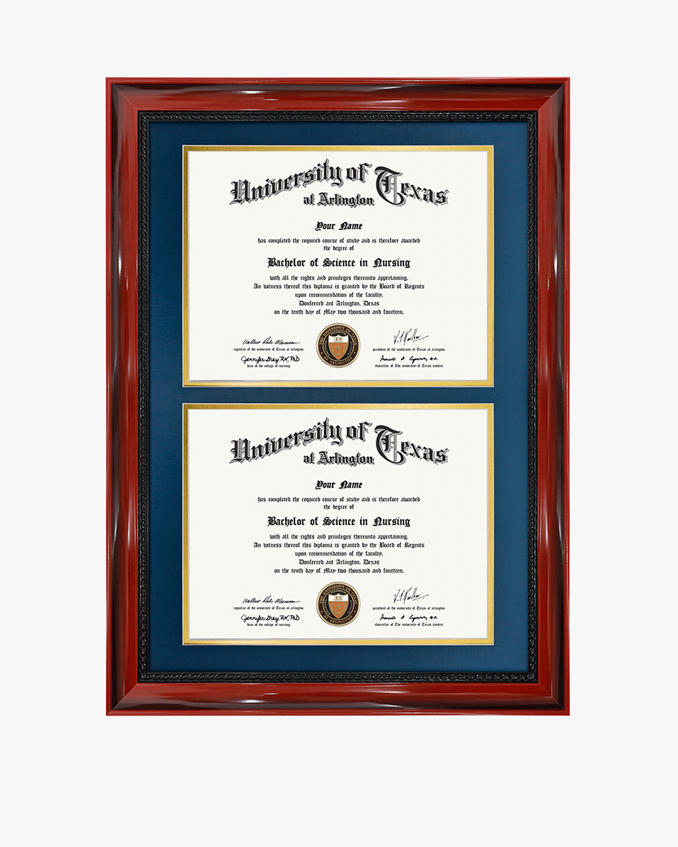 Double Certificate Solid Wood Frame with Intricate Black Rope Detail for 8.5"x11" - 5 Colors Available