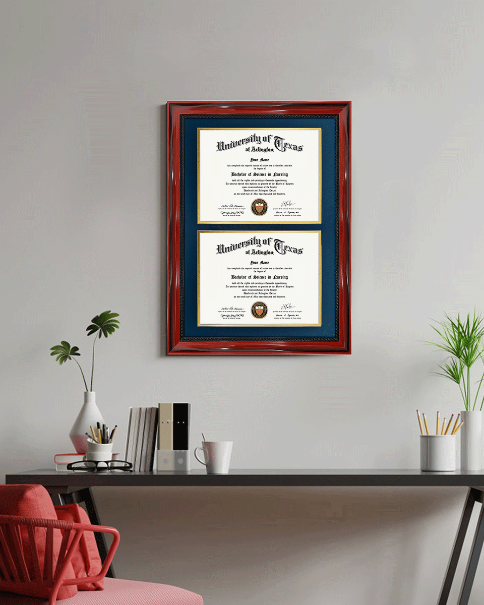 Double Certificate Solid Wood Frame with Intricate Black Rope Detail for 8.5"x11" - 5 Colors Available